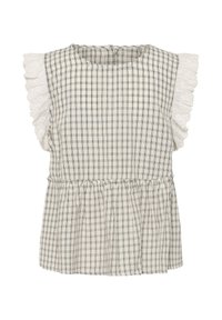 Blouse blanche sans manches à motif à carreaux noirs, taille froncée et bordure en dentelle à œillets volantée sur les épaules.