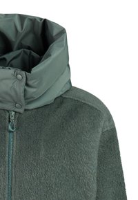 Green fleece jacket with a high padded collar featuring snap buttons and a front zipper closure.