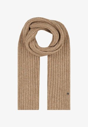 Beżowy dzielony szalik wełniany z prążkowanym wzorem, luźno przewinięty u góry, z małym okrągłym metalowym logo blisko jednego końca.