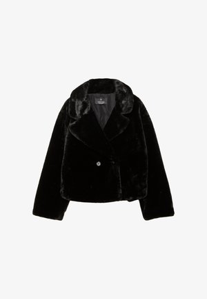 Black faux fur cropped jacket with a shawl collar, single button closure, and soft, smooth texture. Features long sleeves and a shiny interior.