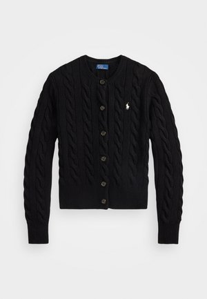 Cardigan nero a maglia con bottoni, maniche lunghe, polsini a coste e un piccolo logo ricamato bianco sul lato sinistro del petto.