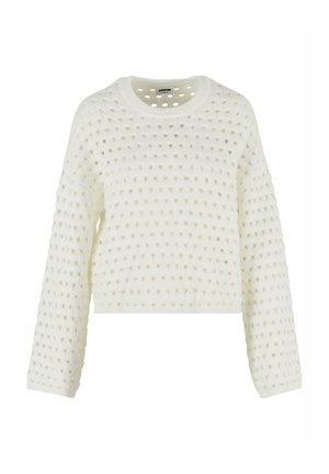 Suéter blanco de punto con diseño cropped, que presenta un patrón texturizado de pequeños agujeros y un cuello redondo. Incluye mangas largas.