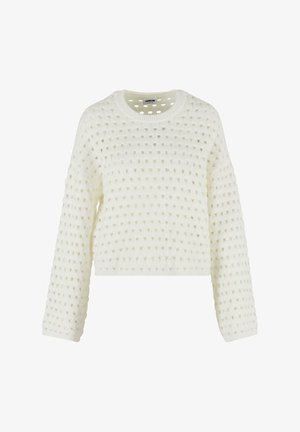 Bijela pletena majica s krojenjem koje seže do struka, s teksturiranim uzorkom malih rupa i okruglim izrezom. Uključene duge rukave.