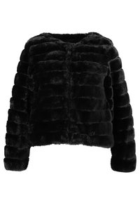 Sort cropped jakke i kunstpels med horisontalt stribet mønster, rund halsudskæring, lange ærmer og blød tekstur. Ingen synlige lukninger.