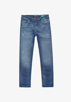 Lichtblauwe denim jeans met een slim fit, met vervaagde plekken en versleten patches, vijf zakken en een knoopsluiting.