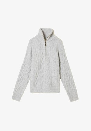 Gray cable-knit sweater with a high collar and half-zip closure. Fabric appears soft with ribbed cuffs and hem.