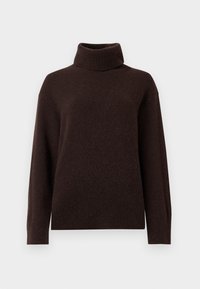 Pull en maille marron foncé à col roulé, avec des manches longues et des bords-côtes aux poignets, à l'ourlet et au col, sur fond clair uni.