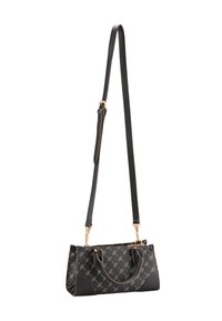 Black rectangular handbag with beige repeating pattern, two short handles, and an adjustable long shoulder strap with gold-tone hardware.