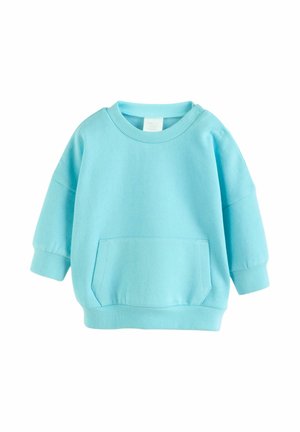 Hellblauer Sweatshirt für Kleinkinder mit gerippten Bündchen und Halsausschnitt, ausgestattet mit einer Fronttasche und einem Raglanärmel-Design. Weiches Baumwollmaterial.
