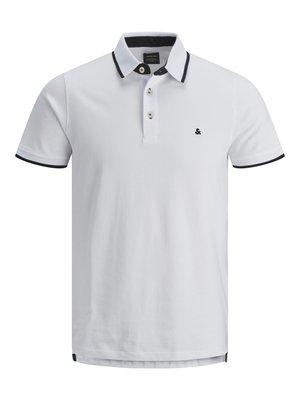 White polo shirt with a textured fabric, contrasting black collar and sleeve trims, three-button placket, and small logo on the chest.
