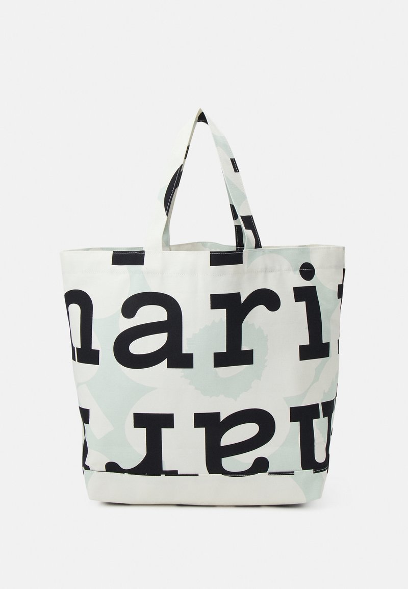 Sac fourre-tout en tissu crème avec de grandes lettres noires et des motifs abstraits vert menthe. Deux poignées solides pour le transport. Design spacieux.