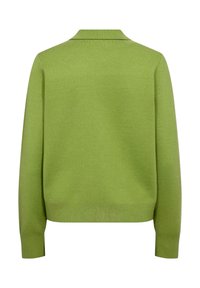 Pull en maille vert à manches longues avec col, vu de dos, avec poignets et bas en côtes.