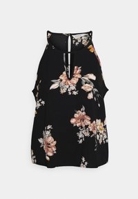 Haut noir à motifs floraux avec des fleurs roses et jaunes, un col en forme de trou de serrure, une coupe ample avec des ouvertures latérales pour plus de confort.