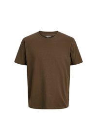 Bruine katoenen t-shirt met korte mouwen en een ronde hals. Effen kleur, gladde textuur en geen zichtbare patronen of accenten.