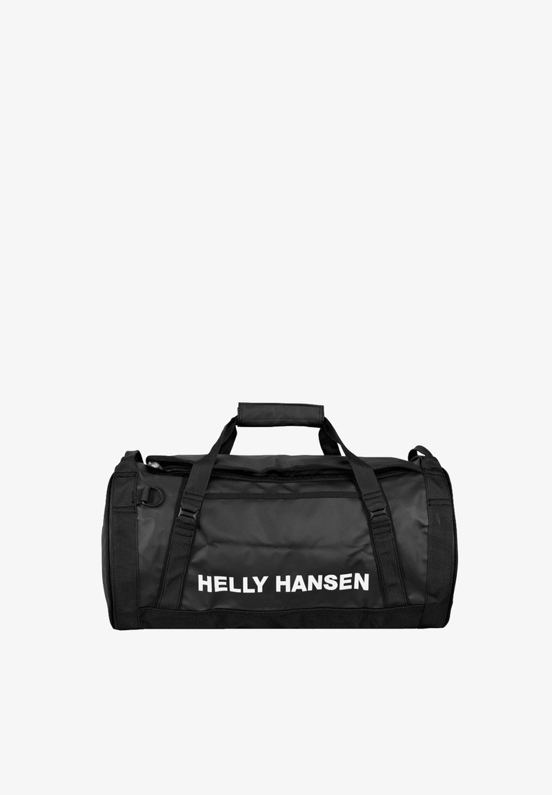Sac de sport noir en matériau durable. Équipé de poignées et de sangles, avec le logo "HELLY HANSEN" imprimé en blanc. Forme cylindrique.