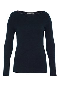 Mörk marinblå långärmad tröja med ribbad textur och bred båtformad halsringning. Tillverkad av mjukt material med rak nederkant.