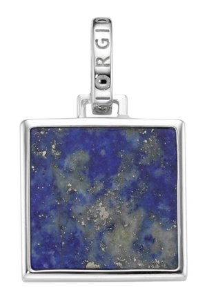 Square silver pendant with a deep blue and gray speckled stone, engraved loop reading the brand name.