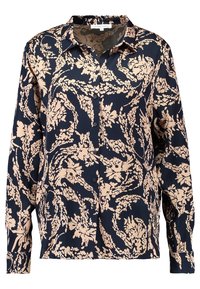 Košile na knoflíky v námořnické modři s krémovým květinovým vzorem, dlouhými rukávy, límečkovým designem a jemnou, hladkou texturou.