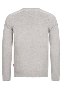Gray knitted sweater with long sleeves, crew neck, and ribbed cuffs. Features a seamless back design and subtle texture throughout.