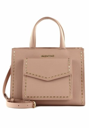 Sac à main en cuir rose avec un design structuré, poignées doubles, bandoulière amovible, poche avant, accents en matériel doré et détails cousus.