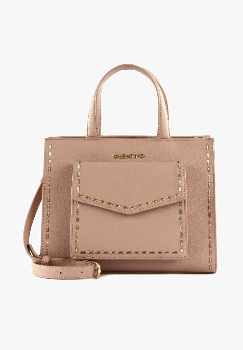 Sac à main en cuir rose avec un design structuré, poignées doubles, bandoulière amovible, poche avant, accents en matériel doré et détails cousus.