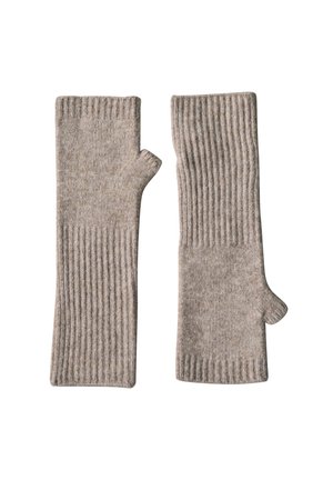 Paire de gants sans doigts tricotés beige avec poignets côtelés et ouverture séparée pour le pouce, posée à plat sur un fond blanc.
