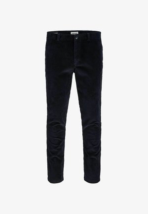 Pantalons en velours côtelé bleu marine au design ajusté, avec une texture lisse, des poches avant et une fermeture à bouton unique.