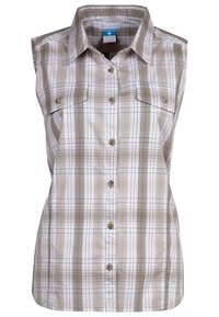 Camicia a maniche corte a quadri beige e bianca. Presenta due tasche sul petto e un colletto con una texture liscia. Tessuto leggero.