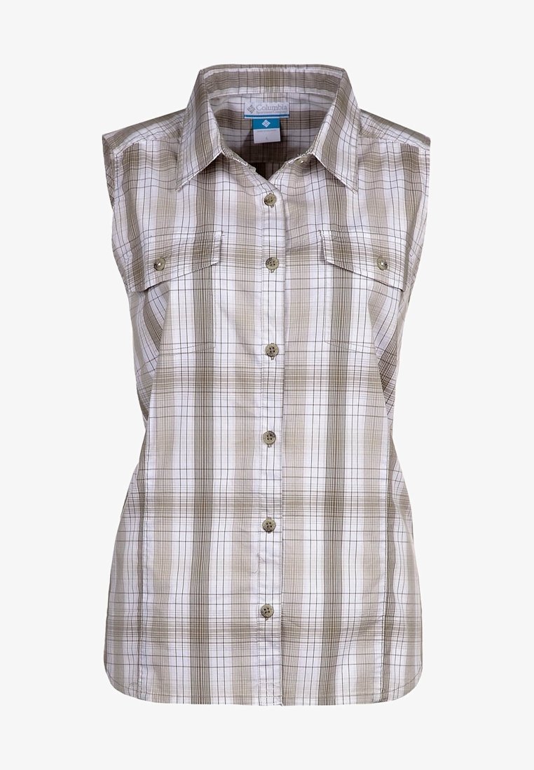 Camicia a maniche corte a quadri beige e bianca. Presenta due tasche sul petto e un colletto con una texture liscia. Tessuto leggero.
