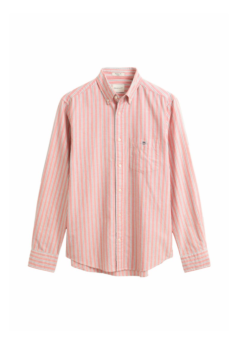 Chemise homme à manches longues, à boutons, avec des rayures verticales roses, blanches et bleu clair, et une poche poitrine du côté gauche.