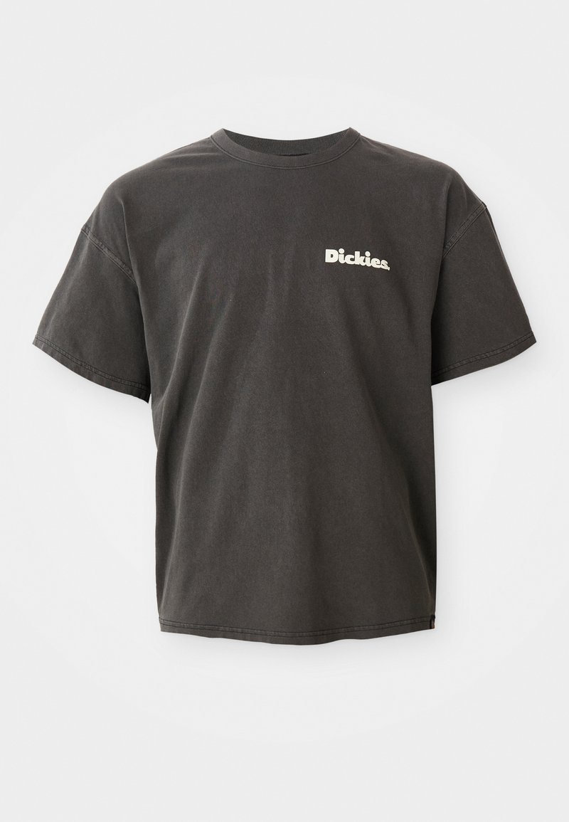 Dark gray short-sleeve t-shirt with "Dickies." logo in white on the left chest, crew neck, and relaxed fit.