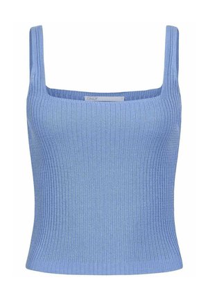 Light blue ribbed tank top featuring a square neckline and wide shoulder straps, made from a stretchy knit material.