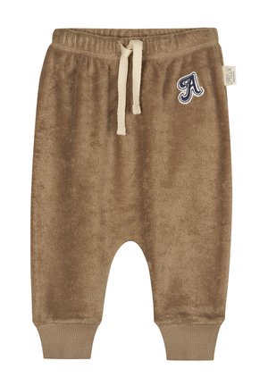 Braune Velours-Jogginghosen mit elastischem Bund, beigem Kordelzug, gerippten Bündchen und einem gestickten "A"-Logo auf der Vorderseite.
