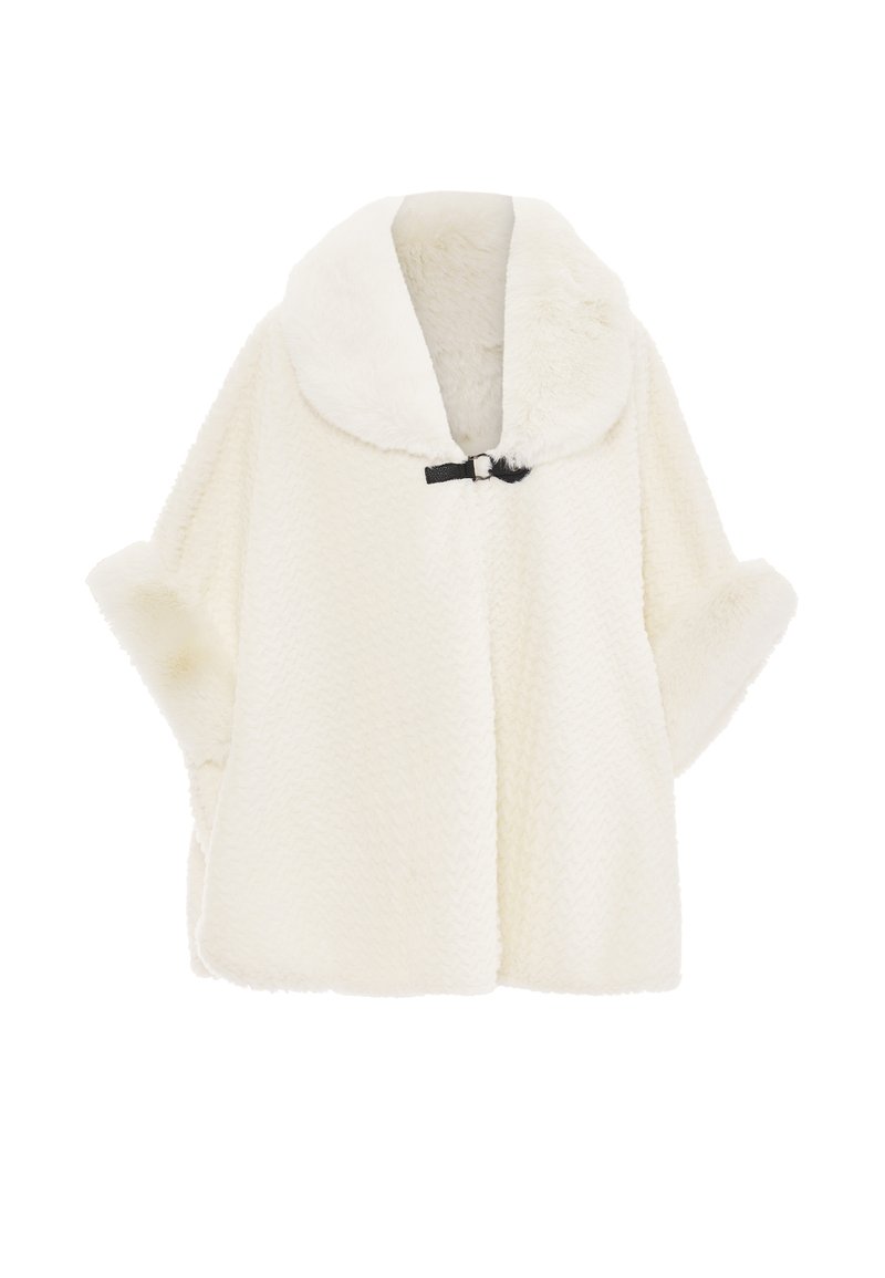 Vit, strukturerad poncho med en mjuk, fuskpälskrage. Har öppna ärmar och ett svart toggla-fäste vid halsen.