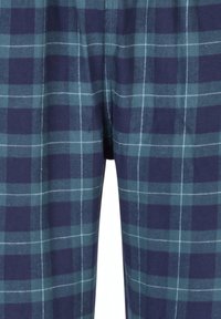 Katoenen geruite broek met een marineblauwe en teal kleurenschema, voorzien van een geblokt patroon en witte stikdetails.