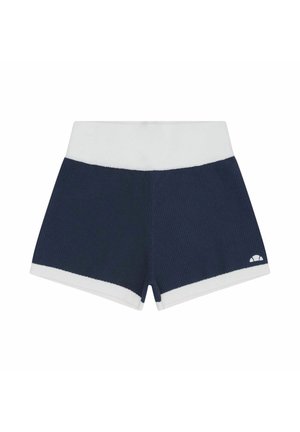 Marineblauwe gebreide shorts met een brede witte tailleband en witte bies bij de pijpopeningen, voorzien van een klein wit logo op het linkerbeen.
