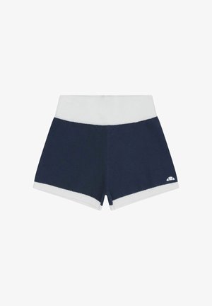 Marineblauwe gebreide shorts met een brede witte tailleband en witte bies bij de pijpopeningen, voorzien van een klein wit logo op het linkerbeen.