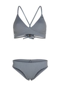 Set di bikini a righe con top triangolare avvolgente, dotato di spalline incrociate e dettaglio a fiocco, abbinato a slip a vita alta, in blu navy e bianco.