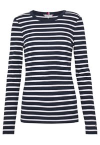 T-shirt à manches longues rayé bleu marine et blanc avec un col rond et une texture côtelée. Présente un petit logo sur l'ourlet latéral.