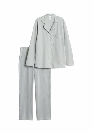 Gestreept katoenen pyjama-set met een overhemd met kraag en knopen en een zak, gecombineerd met een bijpassende broek met elastische taille. De kleuren zijn lichtgrijs met donkere strepen.
