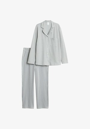 Gestreept katoenen pyjama-set met een overhemd met kraag en knopen en een zak, gecombineerd met een bijpassende broek met elastische taille. De kleuren zijn lichtgrijs met donkere strepen.