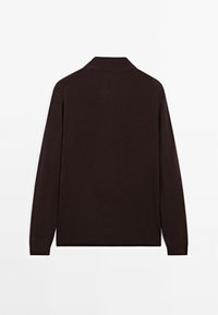 Bruine, langermige pullover met een kraag. Gemaakt van een gladde, zachte stof. Eenvoudig ontwerp, zonder zichtbare patronen of accenten.