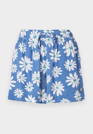 Shorts bleu à taille élastique avec imprimé de marguerites blanches et cordon de serrage à nouer à l'avant.