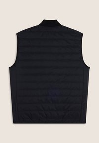 Gilet nero senza maniche con design trapuntato, colletto a costine e orlo elastico. Tessuto liscio con dettagli di cucitura orizzontale.