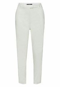 Pantalon blanc ajusté avec passants de ceinture, poches latérales et fermeture avant dissimulée.