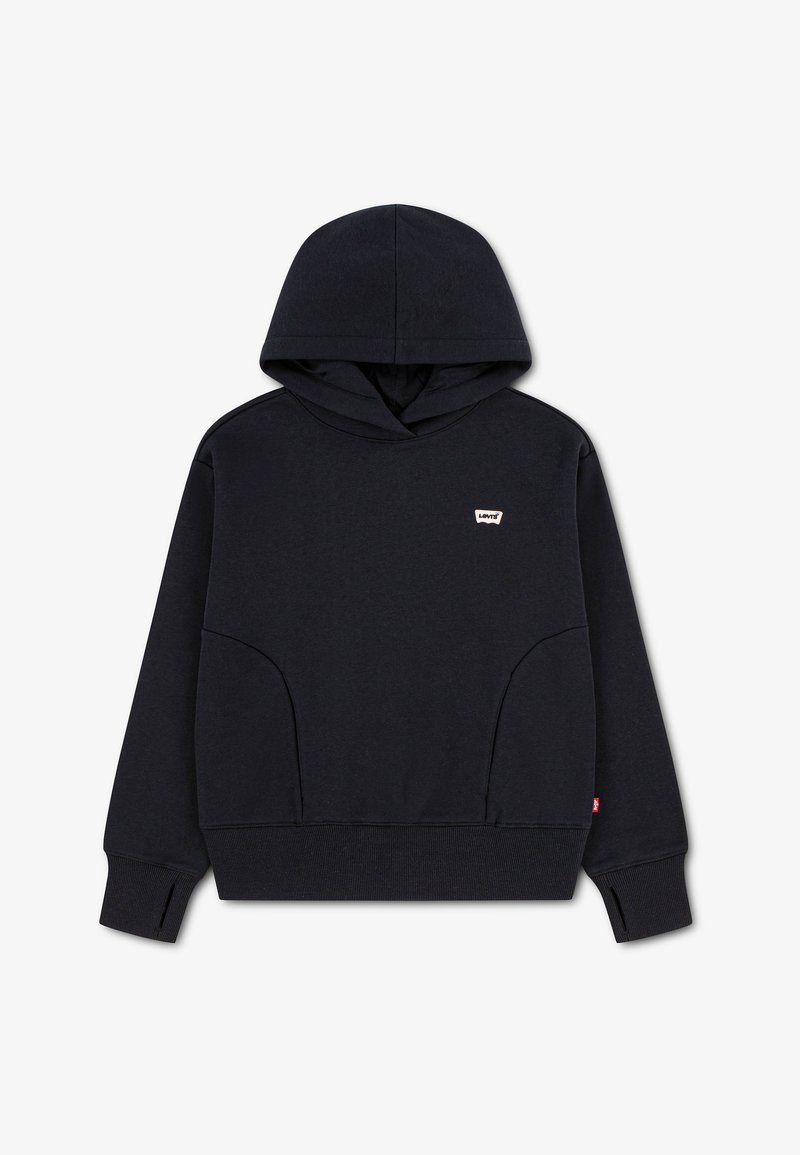 Sweat à capuche noir avec manches longues, poignets côtelés avec trous pour les pouces et petit logo Levi's sur la poitrine.