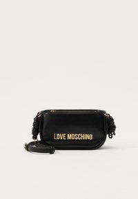 Black leather handbag with a zip closure, braided handle, and gold embossed "LOVE MOSCHINO" logo on the front. Compact and structured shape.