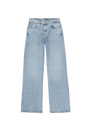 Helle blaue weit geschnittene Jeans aus Denim, mit Knopfverschluss, frontalen Taschen und genähten Nähten für erhöhte Haltbarkeit.
