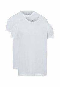 Zwei weiße Baumwoll-T-Shirts übereinander gestapelt, runder Rundhalsausschnitt, kurze Ärmel, glatte Textur, keine sichtbaren Muster oder Logos.