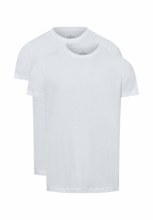 Zwei weiße Baumwoll-T-Shirts übereinander gestapelt, runder Rundhalsausschnitt, kurze Ärmel, glatte Textur, keine sichtbaren Muster oder Logos.